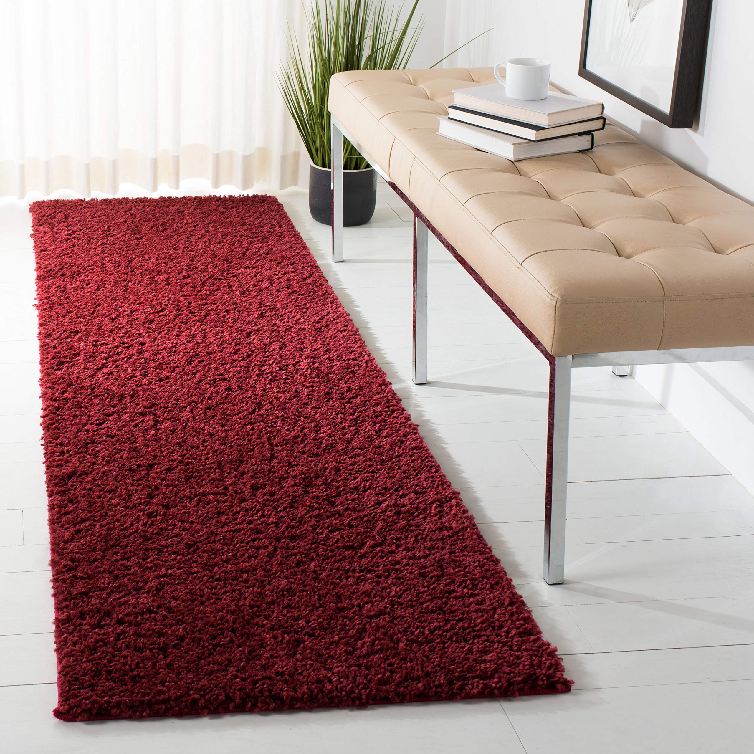 SAFAVIEH August Shag Collection Runner Rug - 2'3" x 8', Burgundy, Solid Design, Non-Shedding & Easy Care, 1.2-inch Thick Ideal for High Traffic Areas
