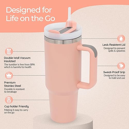 Miniatura 2 de Vaso de acero inoxidable de 40 onzas con asa, tapa y pajilla, taza de viaje para café helado, apta para portavasos grande, resistente a fugas,