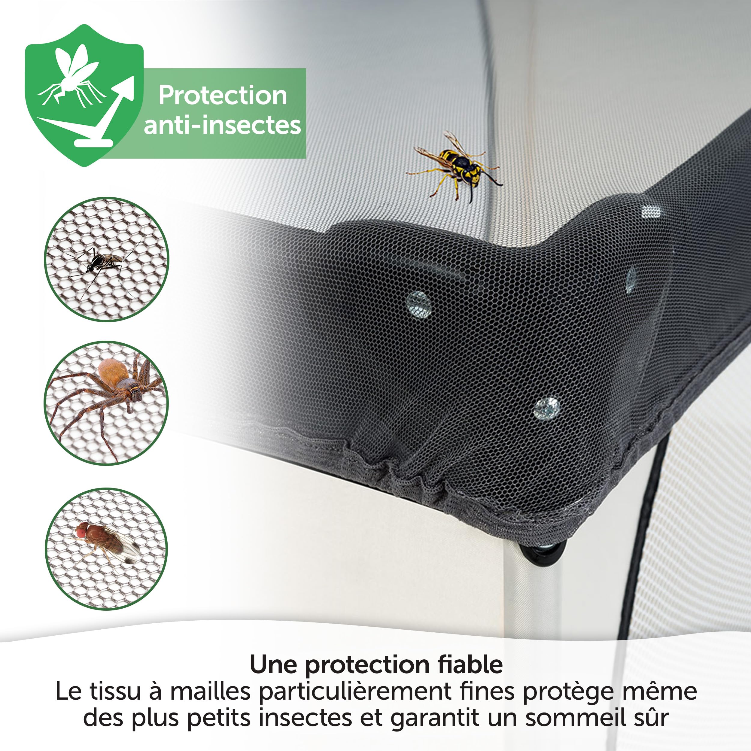 Détail de la maille fine de la moustiquaire Zamboo pour une protection optimale contre les insectes.