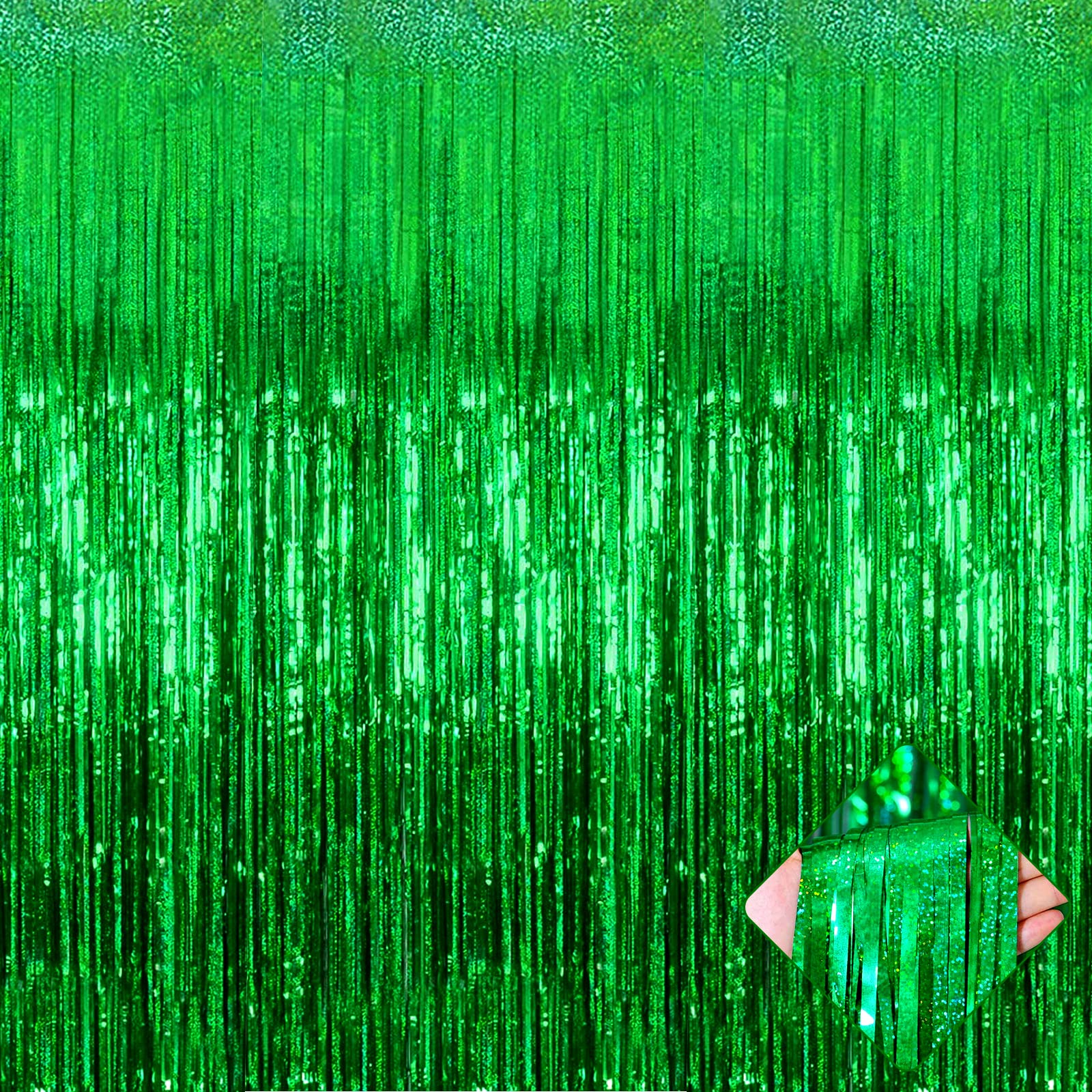 4 Pack 3.2Ft x 8.2Ft Green Foil Fringe Curtain Backdrop, Metallic Tinsel Foil Fringe Streamers Curtains Background for Photo Booth, Birthday, Wedding,