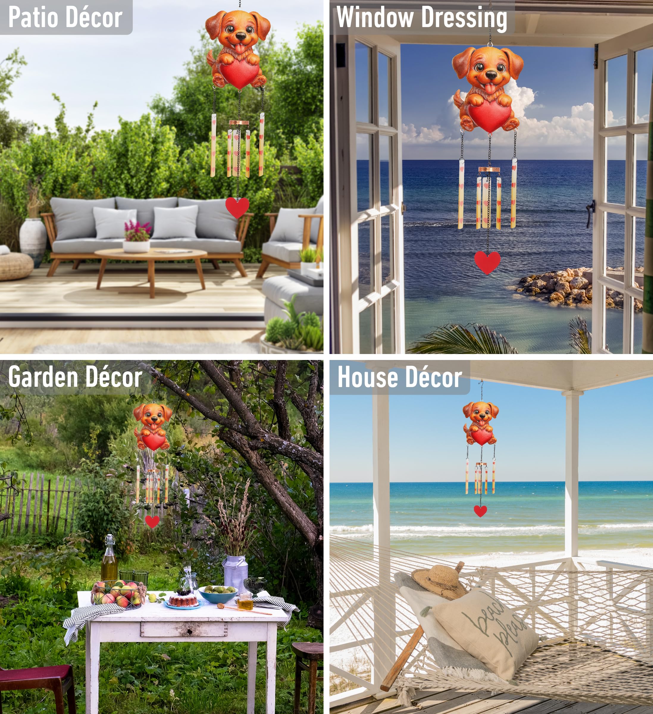 CoTa Global Puppy Love Carillon à vent – Décoration à suspendre en métal et verre faite à la main, chiot marron avec cœur rouge et tubes d'accentuation en cuivre, décoration d'intérieur et d'extérieur