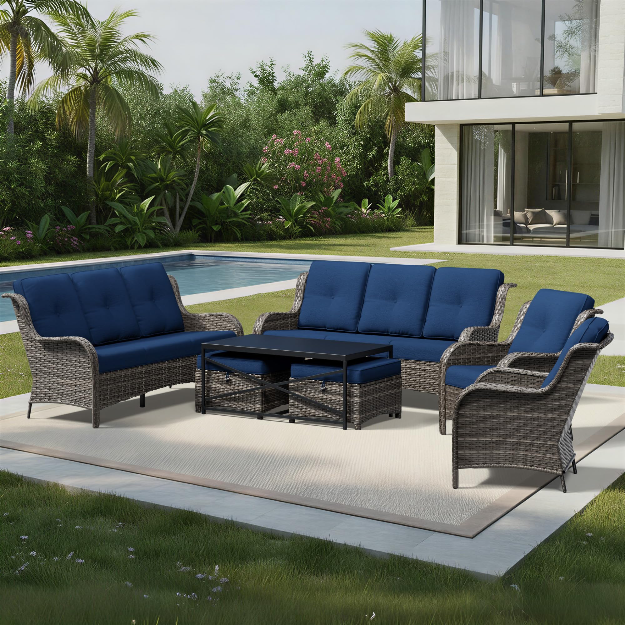 Joyside 7 Piece Wicker Patio Furniture Set, Rattan Patio Chairs with High Back, Deep Seating, Wide Armrest, Thickened Cushions, Outdoor Furniture for Deck, Porch Use