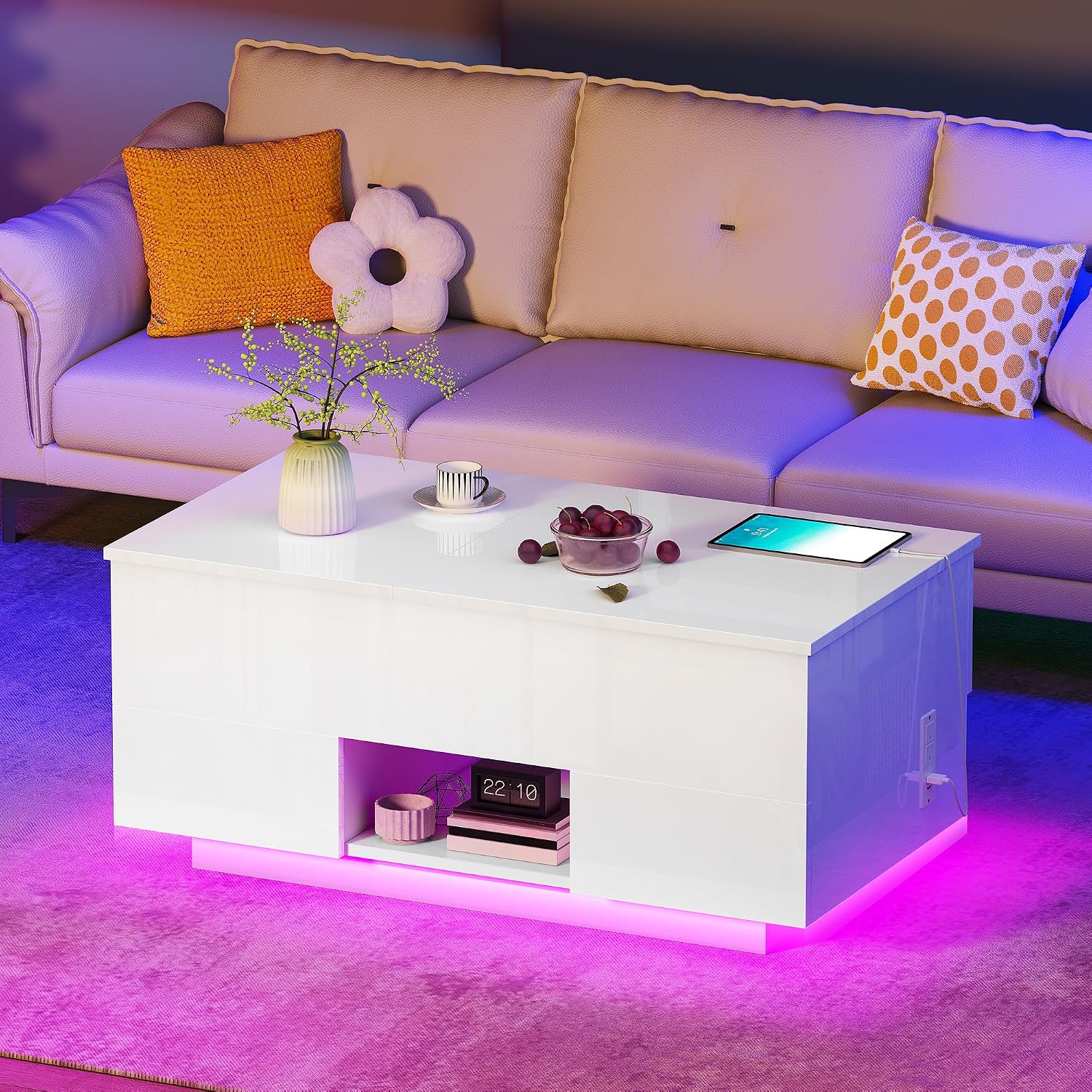 YITAHOME LED Lift Top Coffee Tables for Living Room with Power Outlets Charging Station, Modern Coffee Table with Storage 2 Drawers and Open Shelfs Rectangular Small Coffee Table Decor, Glossy White
