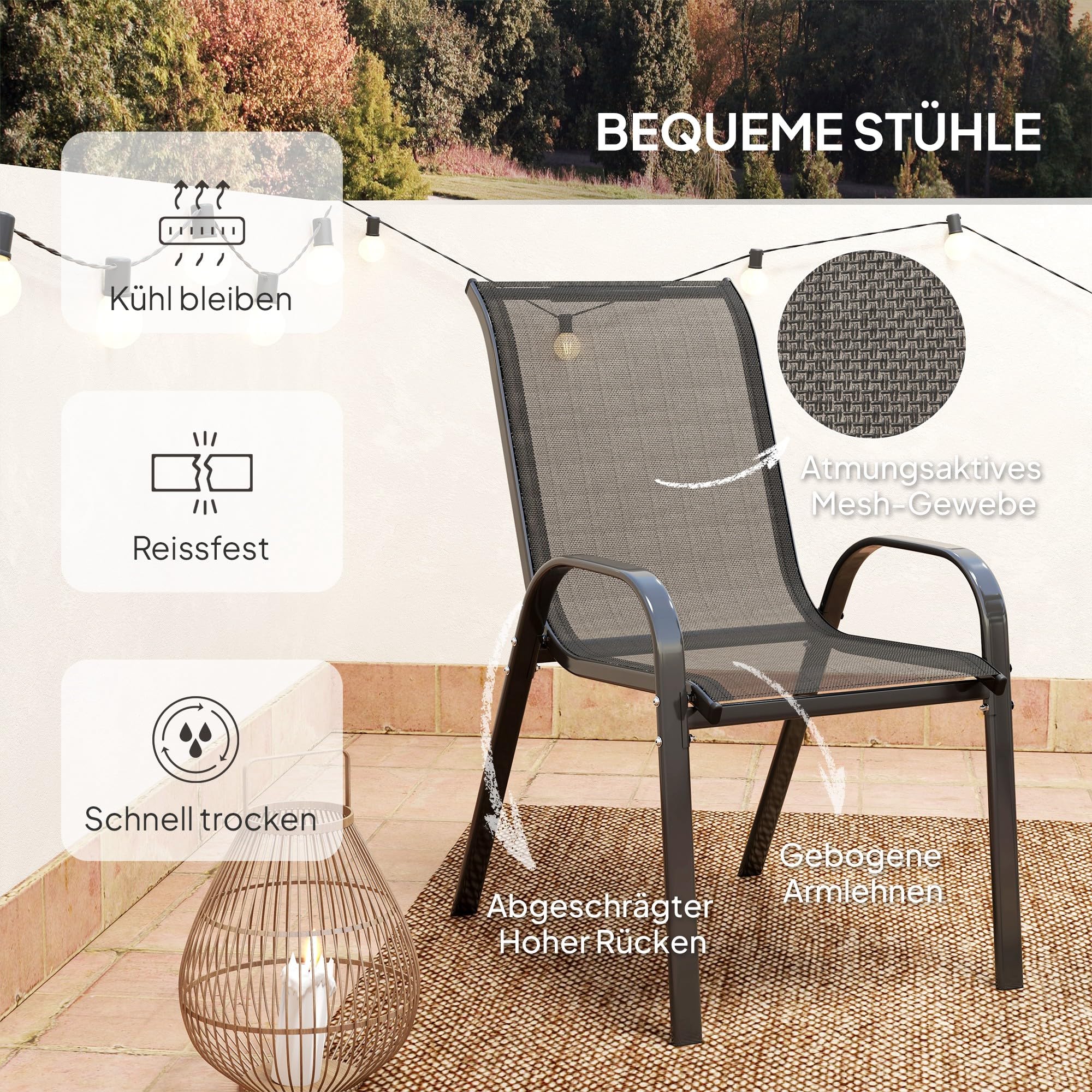 Outsunny Bistro-Set Garten-Set 3-teilig Wetterfest Glastisch Schwarz | Gartenmöbel, Stapelbare Gartenstühle, Balkonmöbel Set, Sitzgruppe, Balkonset, Gartengarnitur
