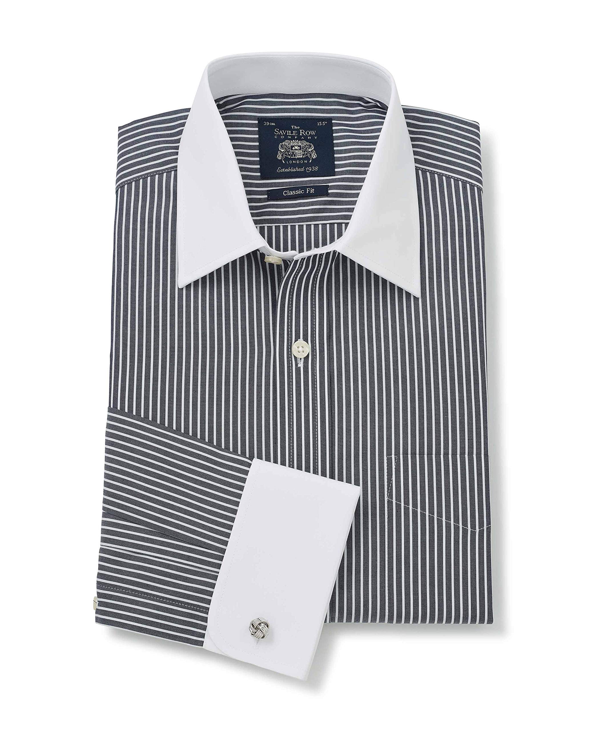 THE SAVILE ROW COMPANY LONDON Men's Classic Fit Cotton Poplin Formal Shirt - Double Cuff - Black White Stripe with White Collar & Cuffs - 19.5" Collar - Standard
