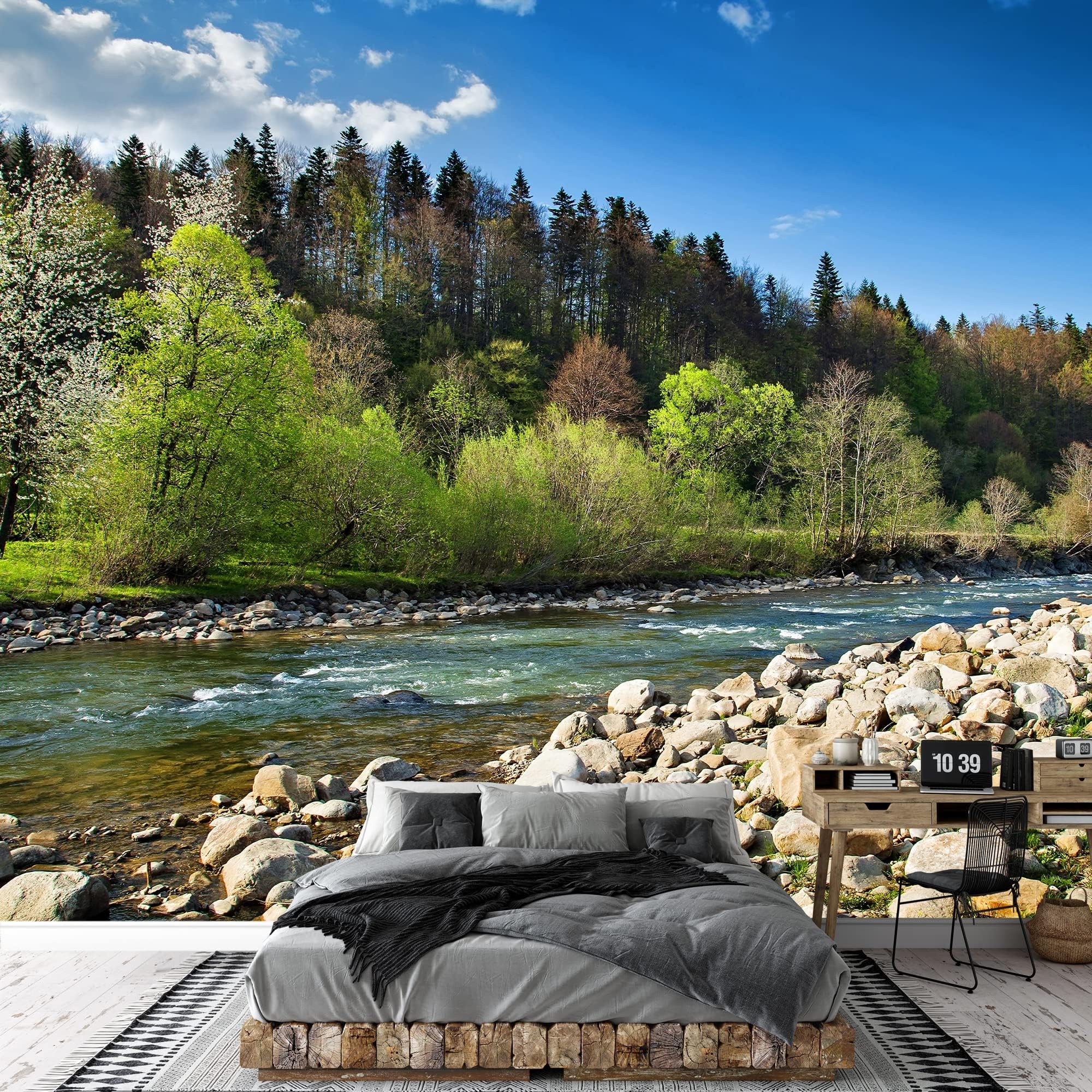 wall26 - Landscape with Forest, River and Stones - Removable Wall Mural Self-Adhesive Large Wallpaper - 100x144 inches