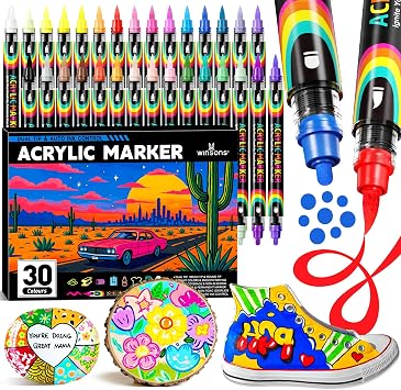 WINSONS 30 Colors Acrylic Paint Markers, Dual-Tip Acrylic Markers Set with Automatic Ink Control, Fine & Brush Tip, Paint Pens for Rock Painting, Canvas, Wood, Glass, Ceramic & DIY Craft 30 COLORS