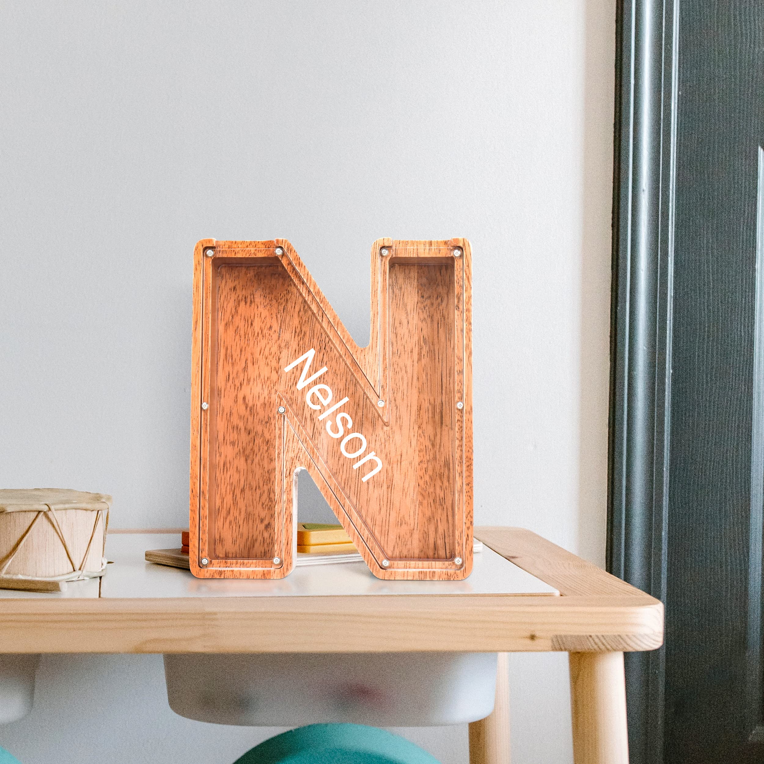 MEDOYOH Grande L salvadanaio a forma di lettera in legno, 23 cm/9 in, in legno, per adulti, regalo di compleanno