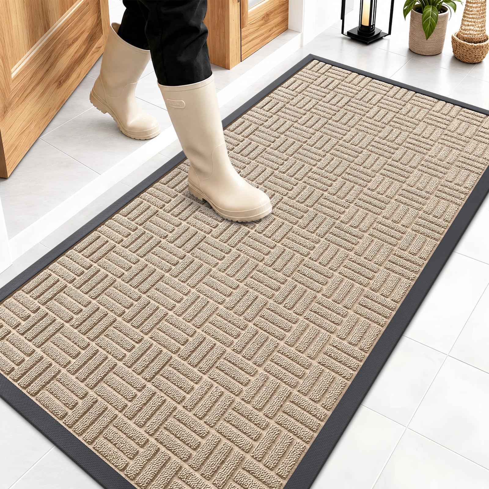 OLANLY Front Door Mat Outside Entrance 47x23, Heavy-Duty Rubber Doormat | Latte White, Stain and Fade Resistant, Non-Slip Backing, Low-Profile Indoor Outdoor Floor Mat for Entryway, Easy to Clean