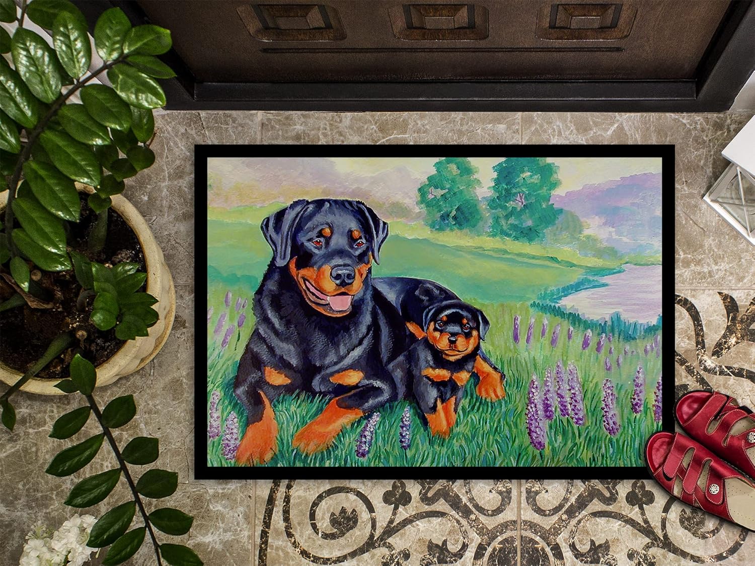 Caroline's Treasures 7141JMAT Rottweiler Doormat 24x36 Front Door Mat Indoor Outdoor Rugs for Entryway, Non Slip Washable Low Pile, 24H X 36W