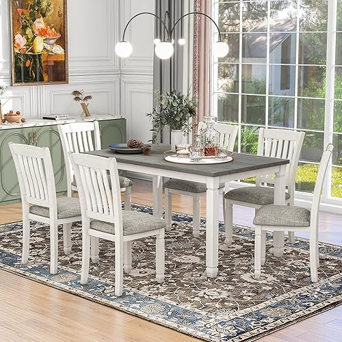 Neoclassical - Juego de mesa de comedor de 7 piezas madera maciza mesa de comedor rectangular con 6 sillas tapizadas y patas formadas juego de