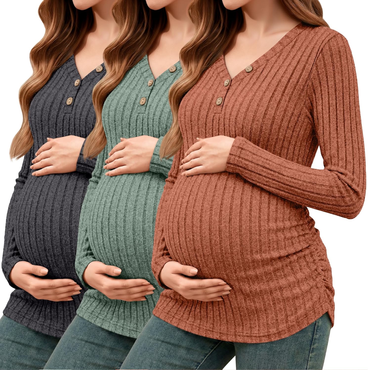 3 Pack Women's V Neck Maternity Sweaters Long Sleeve Shirts Clothes Pregnancy Henley Tops Ribbed Side Ruched Tunic