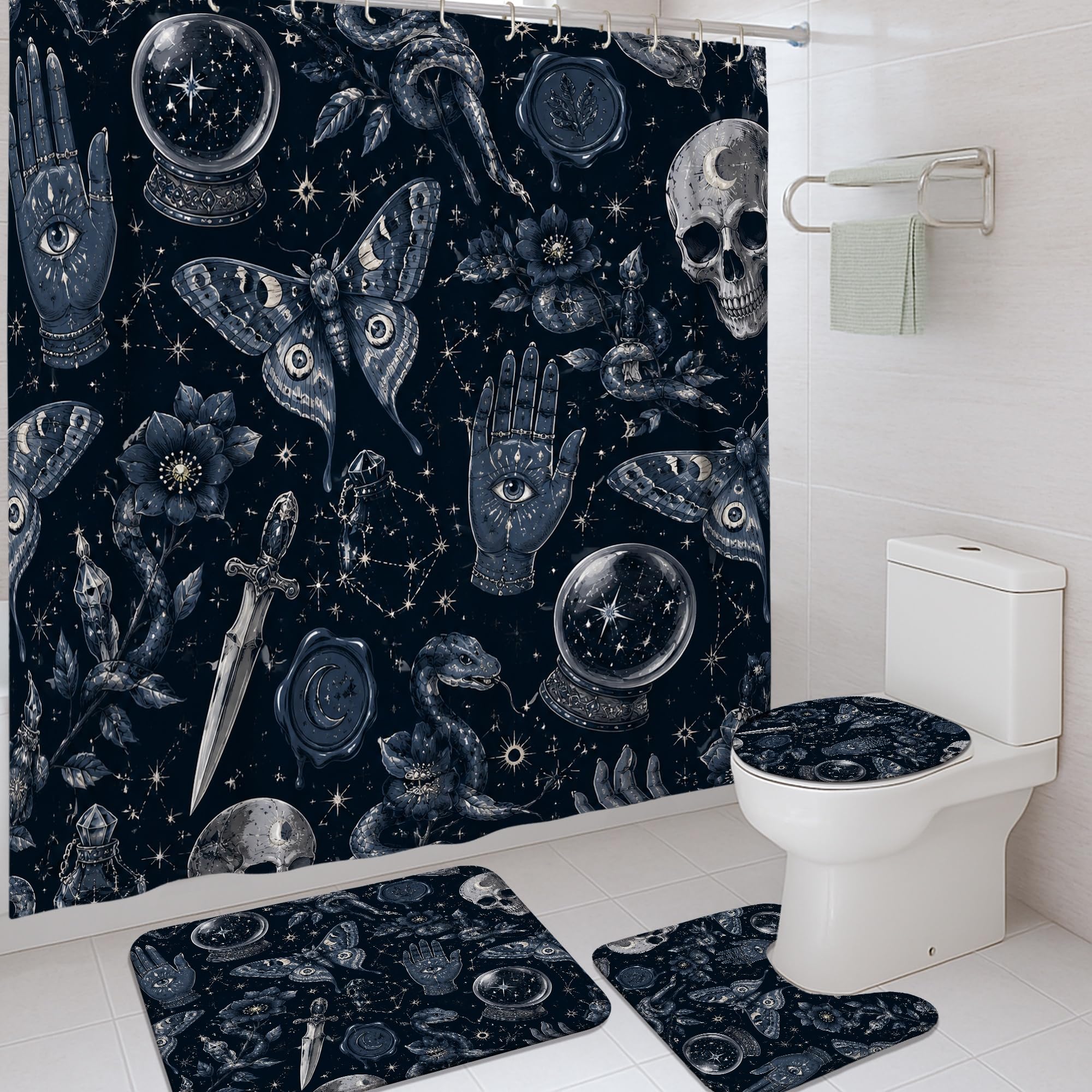 Rideau de douche mystique noir 183 cm avec tapis de bain et crochets pour décoration gothique