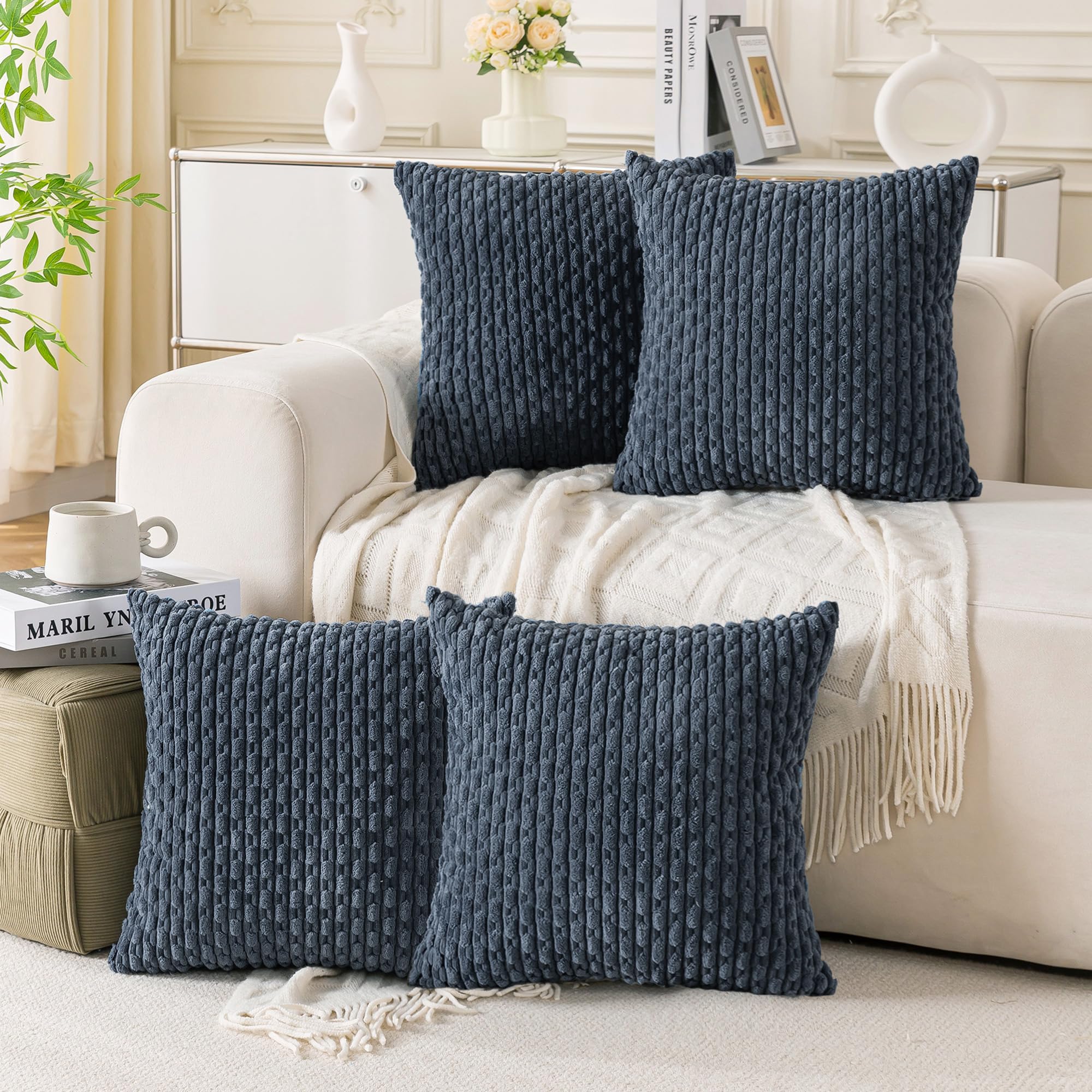 Cozoomy Set of 4 Grey Blue Decorative Throw Pillow Covers 18x18 Inch Corduroy Pillow Covers for Bed Couch Sofa Living Room Soft Square Cushion Cases