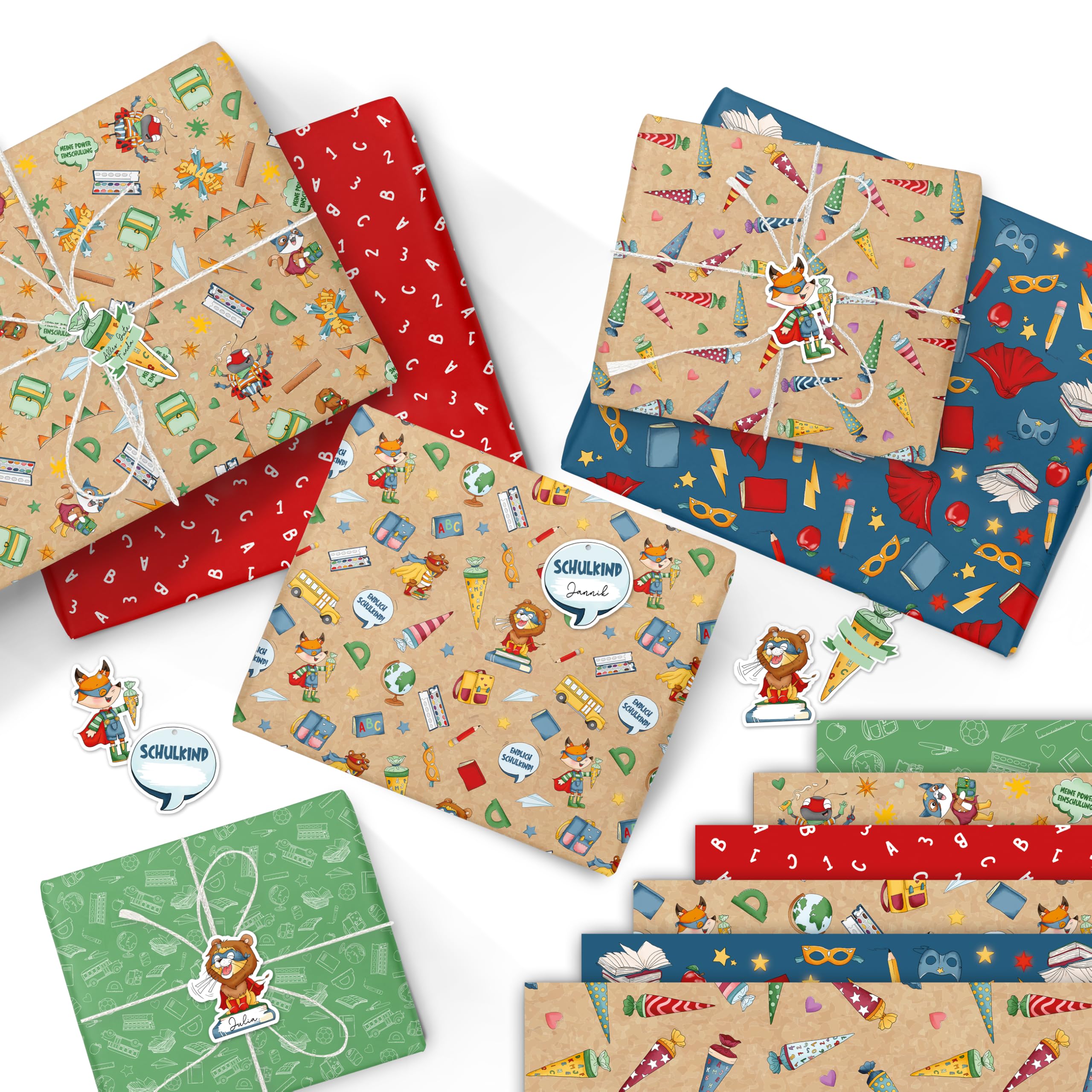 Papierdrachen 6 Bögen Geschenkpapier zur Einschulung | 60x40cm doppelseitig bedruckt - 6 verschiedene Designs hochwertig auf 100g/m² Papier - Blau - Geschenkverpackung zum Schulstart - Set 2