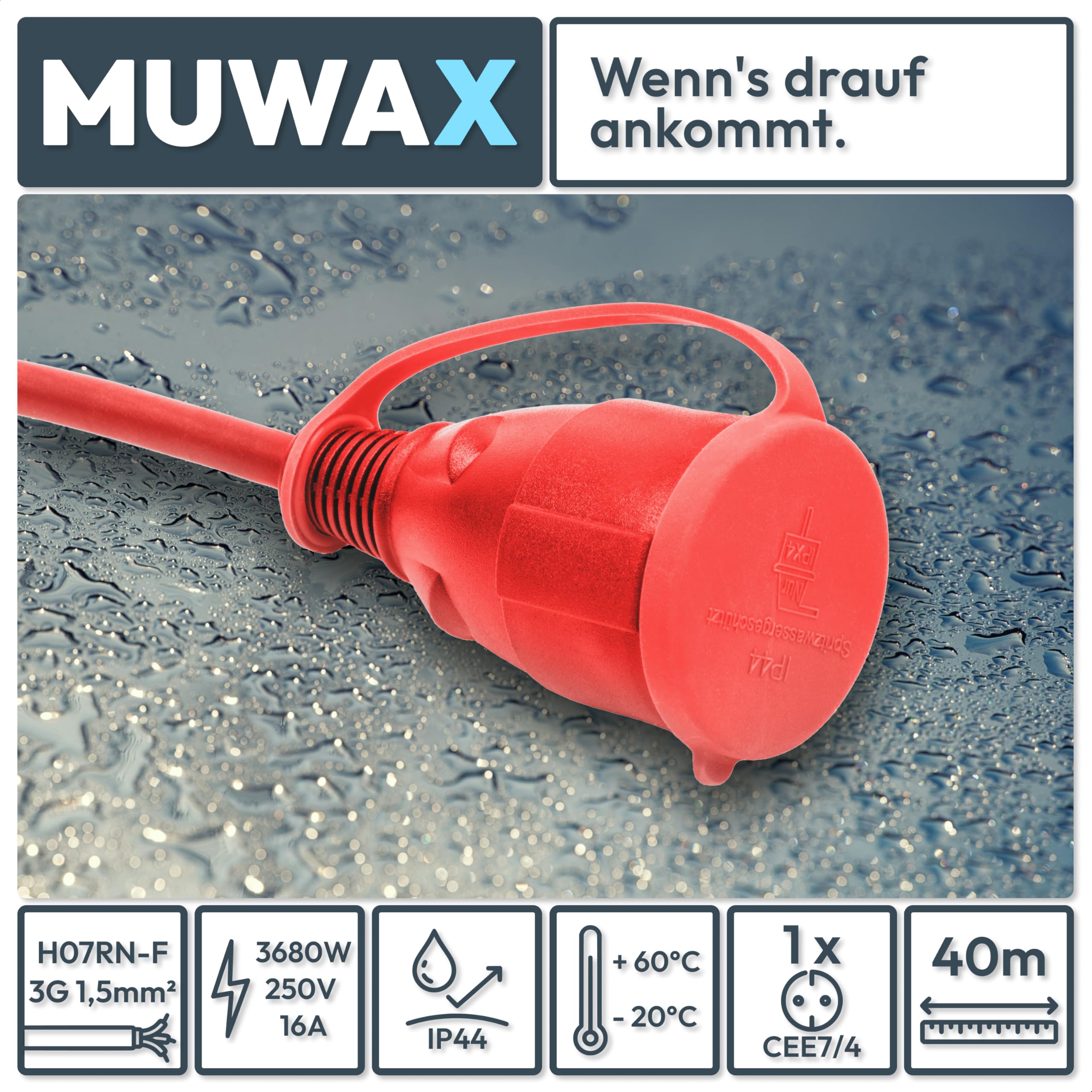Rallonge en Caoutchouc 40 m pour Chantiers, ateliers, Industrie, pour Usage extérieur Permanent et Fortes contraintes mécaniques H07RN-F 3G1,5 mm² Rouge