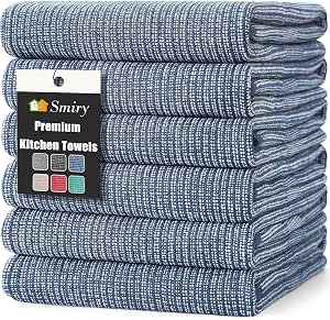 smiry Premium Kitchen Towels(18"x 28", 6 Pack), Large Cotton Dish Cloths Set, Flat & Terry Towel Highly Absorbent Tea Towels with Hanging Loop, Navy
