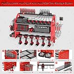 LBT Power Tool Organizer with Charging Station. Patented, Drill Storage Rack Wall Mount, Heavy Duty Steel, 6 Drill Storage Shelf, 8 Hooks,2 Screw Boxes,6 Outlets Power Strip, Red