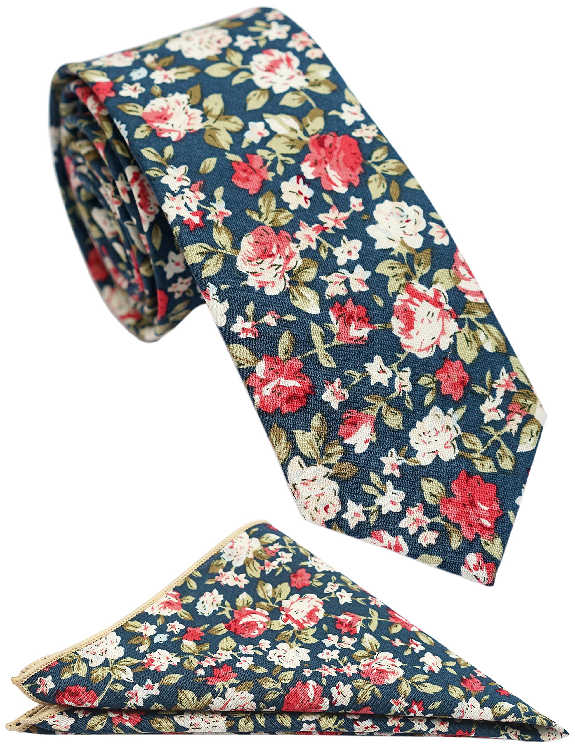 ZENXUSZENXUS Mens Casual Skinny Floral Tie Combo Set with Flower Pocket Square 2' Cotton Necktie Hand Made