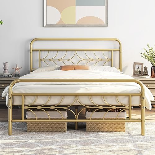 Yaheetech Full Size Bed Frame Metal Platform Bed with Sparkling Star-Inspired Design Headboard, 13 Inch Underbed Storage, No Box Spring Needed, Easy Assembly, Modern, Antique Gold