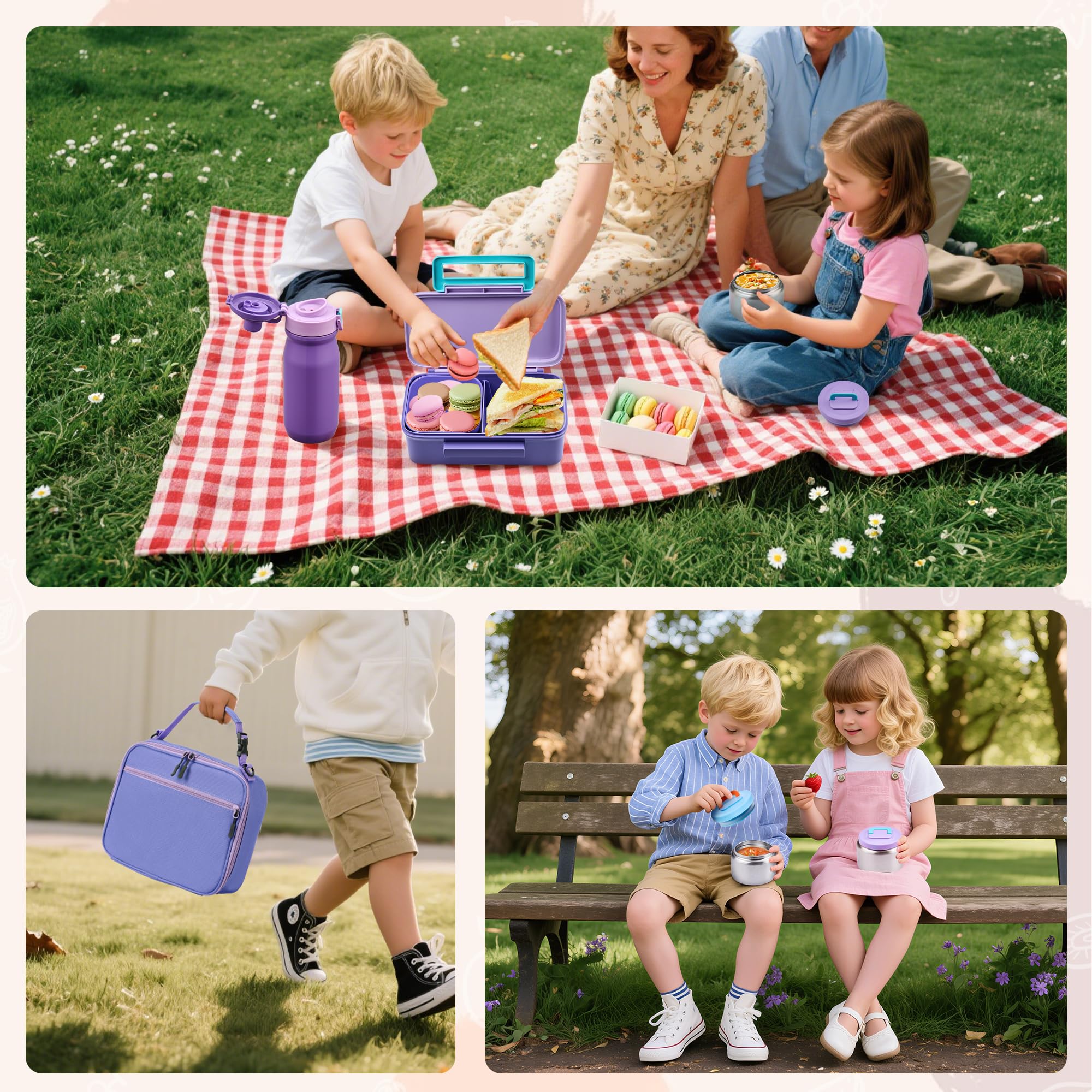 Maison HUIS Boîte à bento pour enfants avec thermos à soupe de 236,8 g, sac à déjeuner isotherme et bouteille d'eau de 500 ml, boîte à bento à 2 compartiments avec poche de glace intégrée, étanche et