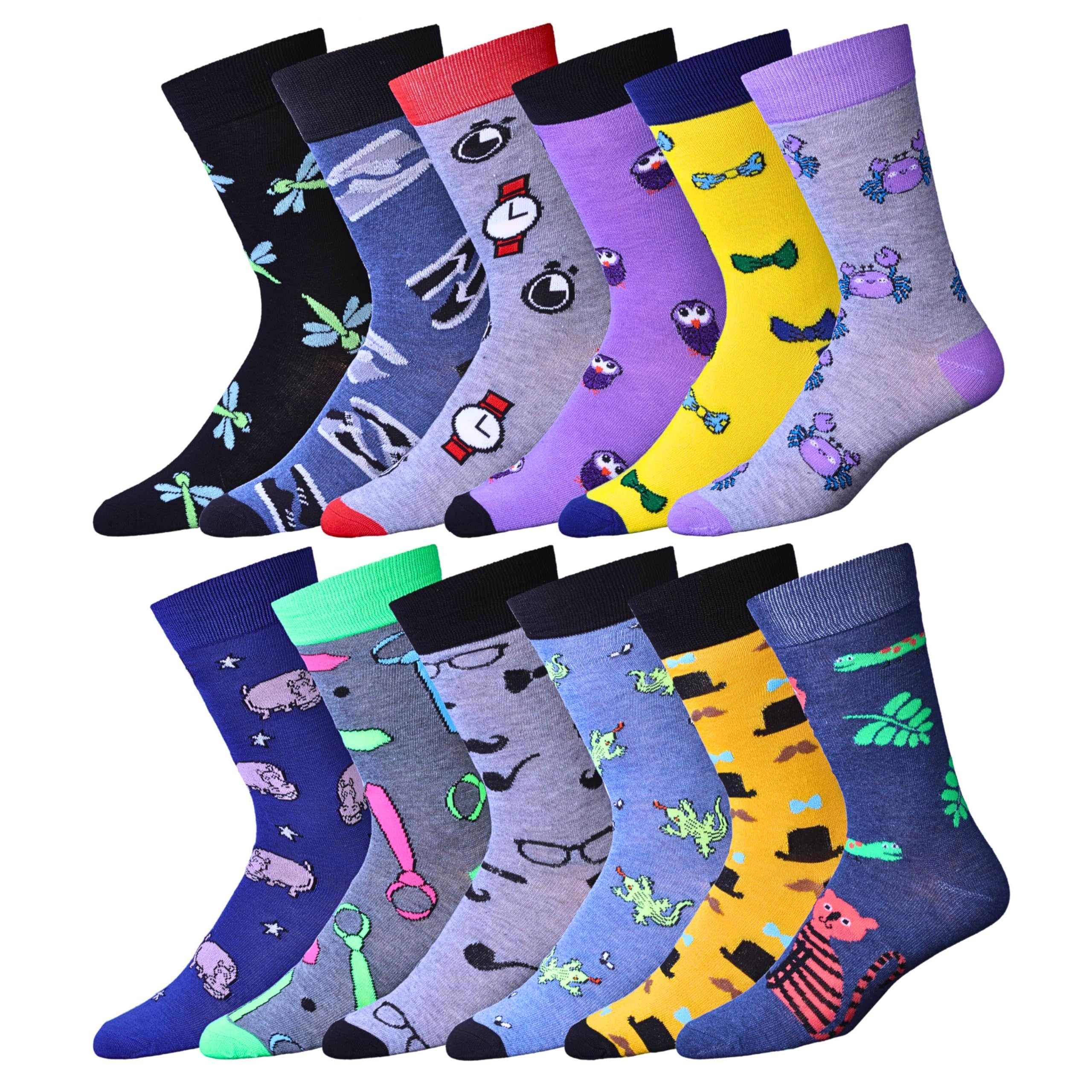 JAMES FIALLO Dress Socks for Men, Soft and Breathable Socks for Men 12-Pairs Funny Funky Crazy Novelty Colorful Fashionable Wardrobe Wonders Patterned Dress Sock, M9003-T1
