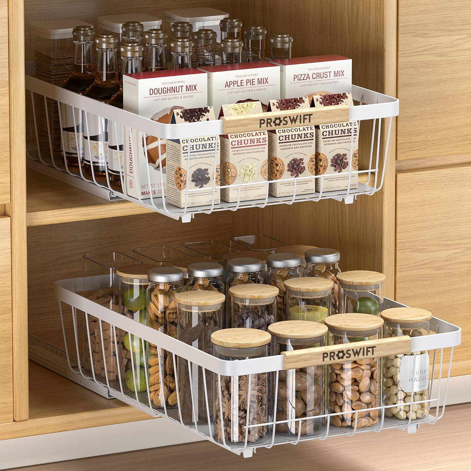 Pull Out Cabinet Organizer 2 Pack, Slide Out Drawers for Kitchen Cabinets, Cabinet Drawers with Adhesive Nano Glue for Bathroom, Living Room, Kitchen Clutter Organization (White, 15.7 * 11 * 3.7?)