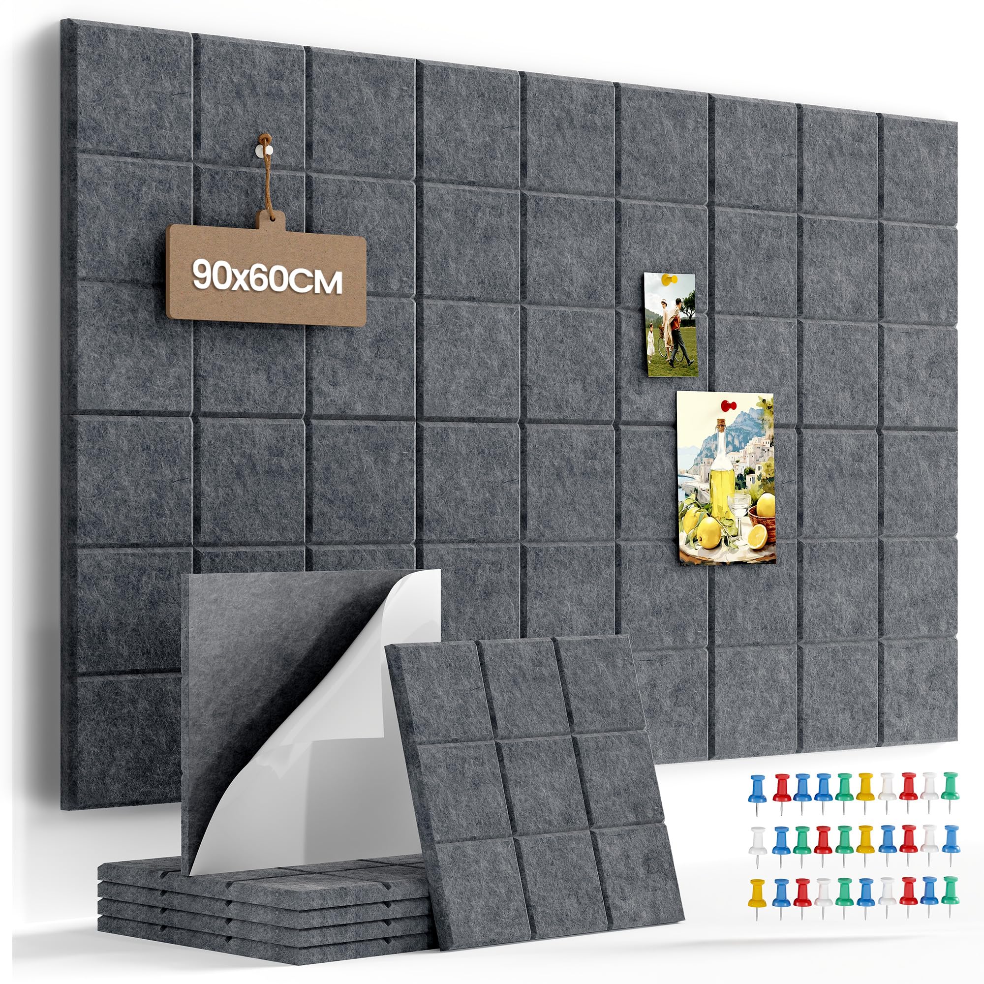 Uoisaiko 90 x 60cm Large Felt Pin Board for Walls, 6 Pack DIY Bulletin Board Tiles, 0.9cm Thick Cork Board Alternative with 30 Push Pins, Acoustic Vision Board for Office, School & Home Decor, Grey — image 1