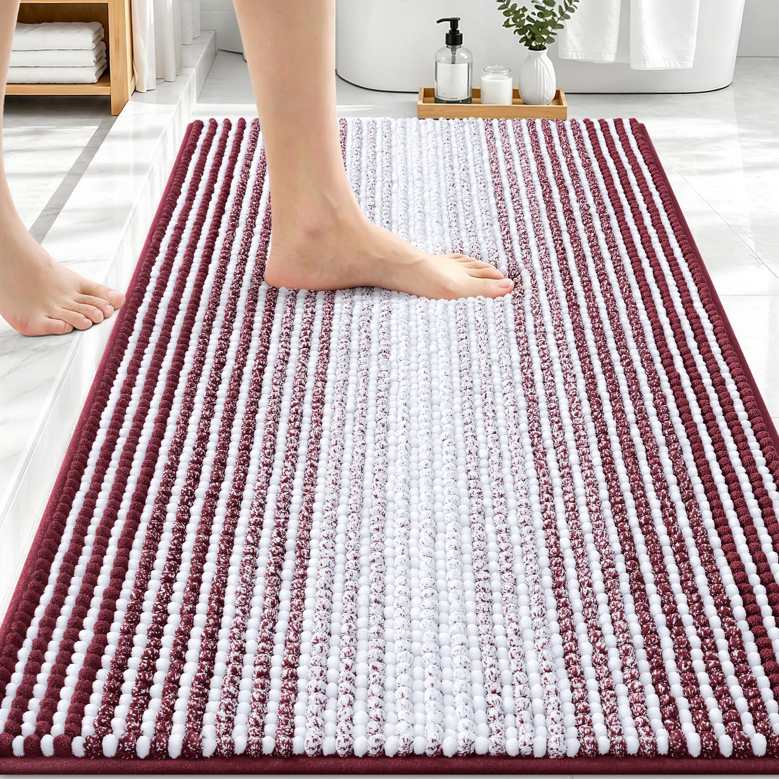 OLANLY Bathroom Rugs 30x20, Soft Chenille Striped Bath Rugs, Burgundy
