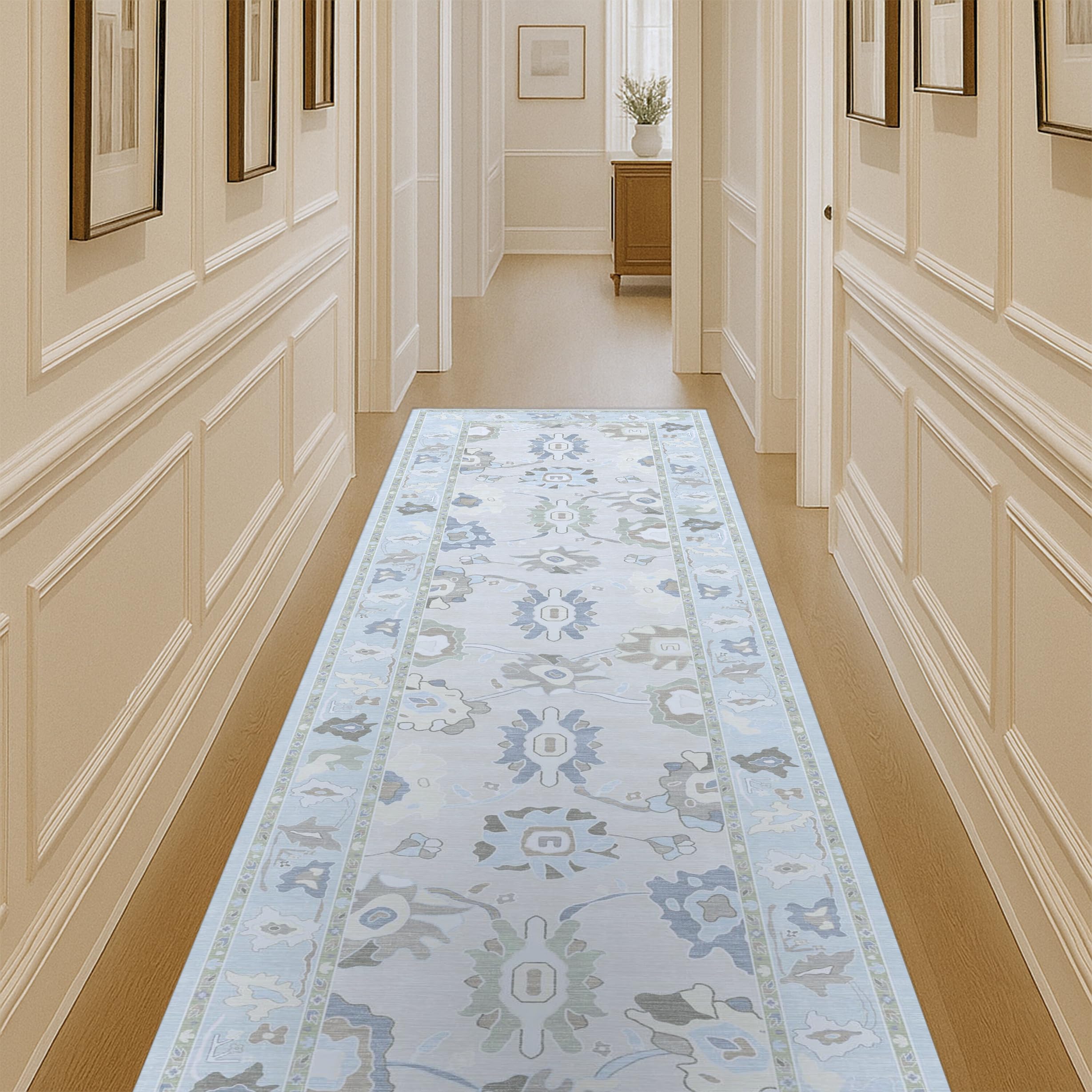 Fame Living Cream Blue Oushak Runner Rug, Modern Runners, Vintage, Turkish, Eclectic, Floral, Pastel, Washable, Runner for Hallway, Kitchen, Bedroom, Bathroom, 2'5"x9'8"
