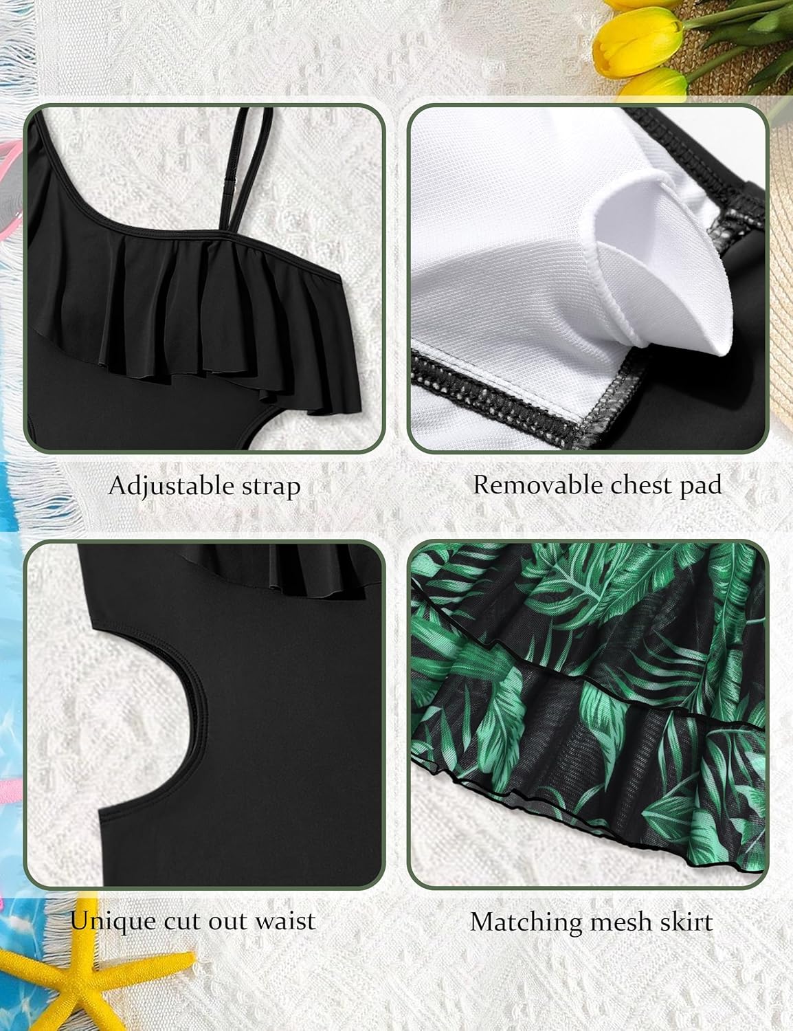 Girls One Piece Swimsuits Tropical Girls Swimsuit with Mesh Skirt Girls Bathing Suit Ruffle Girls' Swimwear 9-16Y - Image 4