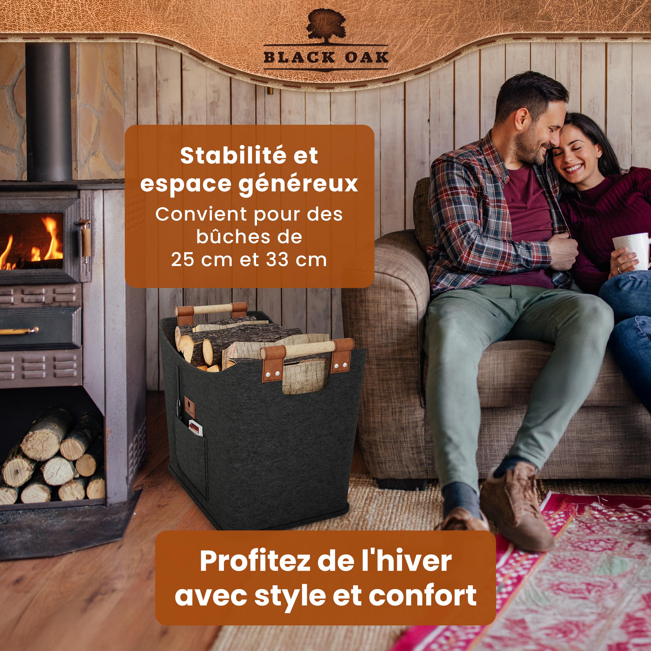 BLACK OAK Montana XL Panier en feutre et bois pour bois de chauffage, cuir véritable, poignées larges, poche avant extra grande, pliable