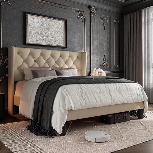 Marco de Cama Tamaño Queen con Cabecera Tapizada con Botones Capitoné, Marco de Cama Plataforma con Soportes de Base Resistentes, Sin Ruido, No