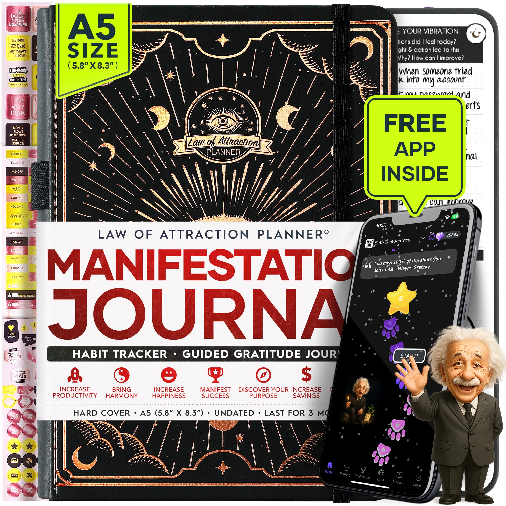 Manifestation Journal - 5 Minute Manifesting & Self Care Journal | 90-Day Undated Daily Planner for Positivity, Affirmations & Gratitude | Guided Mindfulness, Reflection | Vision Board + Stickers — image 1