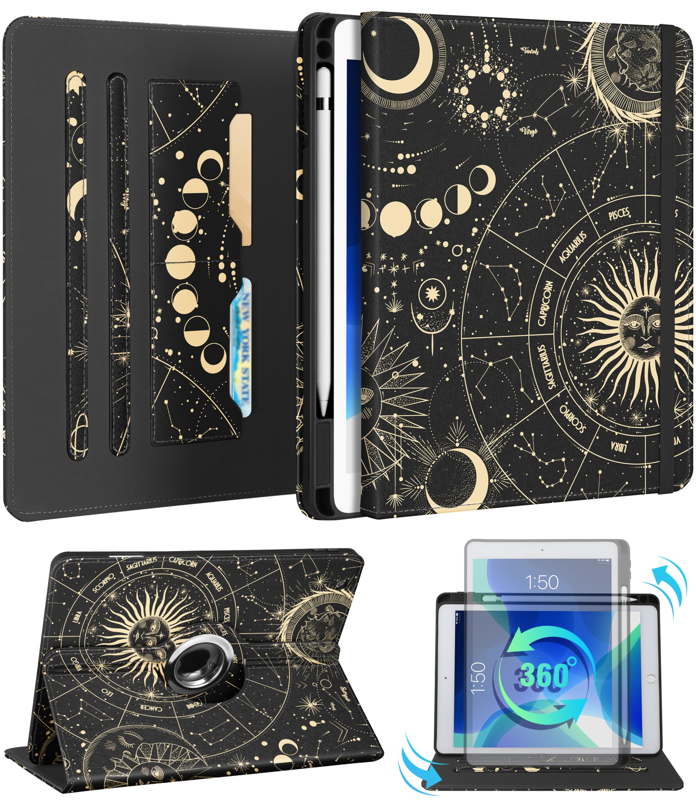 Kidcube for iPad 9th/8th/7th Generation Case 10.2 Inch - for Women Girls Cute Rotating Stand Folio Cover with Pencil Holder & Card Slot Girly Sun Moon