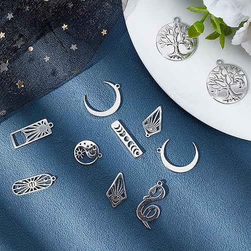 Miniatura 4 de SUNNYCLUE 1 caja de 20 dijes estilo tarot árbol de la vida de la fase lunar de acero inoxidable con diseño de luna creciente ojo de serpiente,