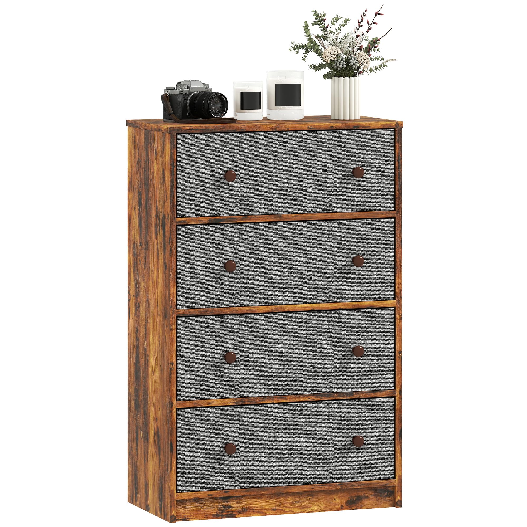 HOMCOM Chest of Drawers, Dresser, 4 Fabric Drawers, Grey and Rustic Brown