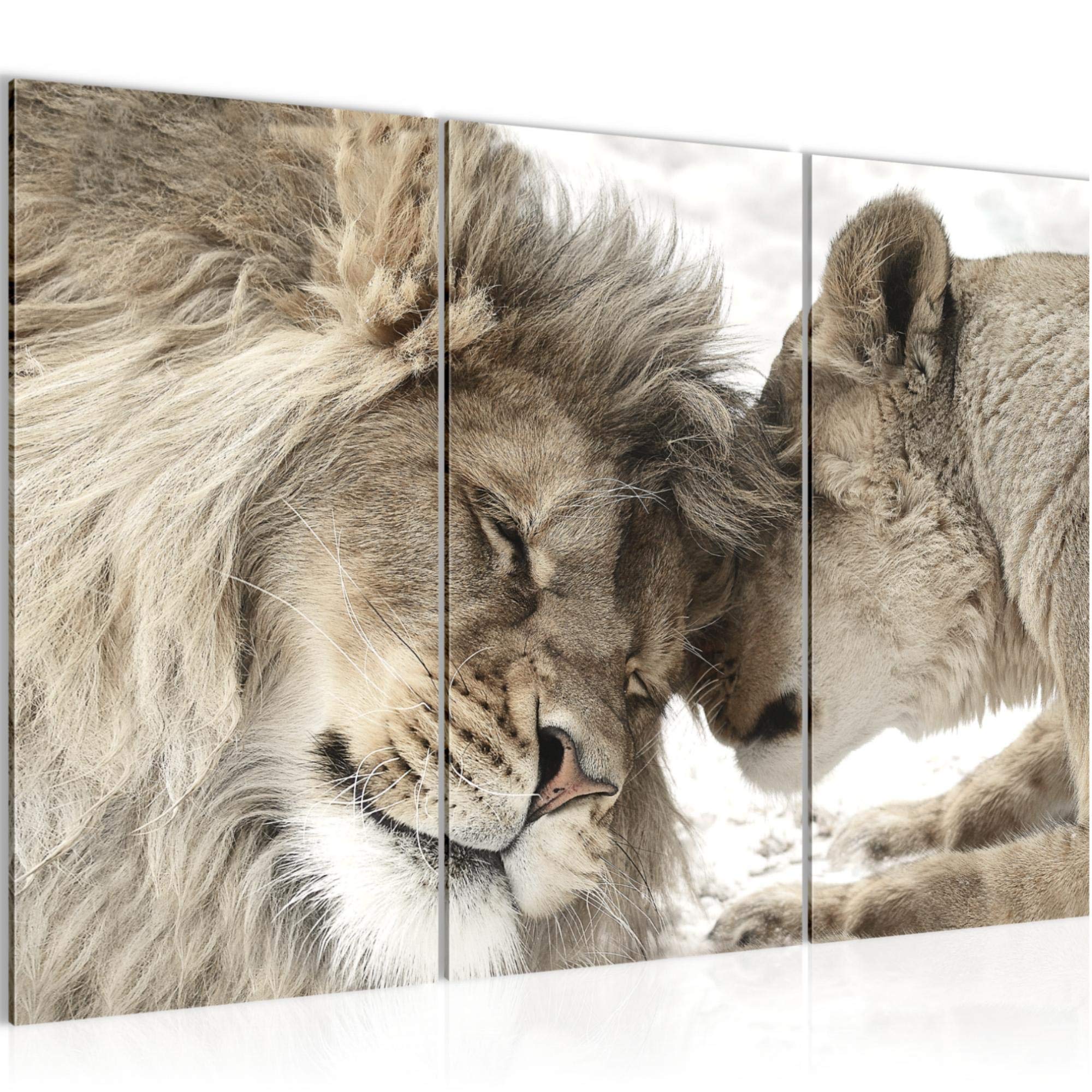 Runa Art Leones Amor Cuadro Decorativo para Sala XXL Beige León y Leona 120 x 80 cm 3 Piezas Decoración de Pared 002131b