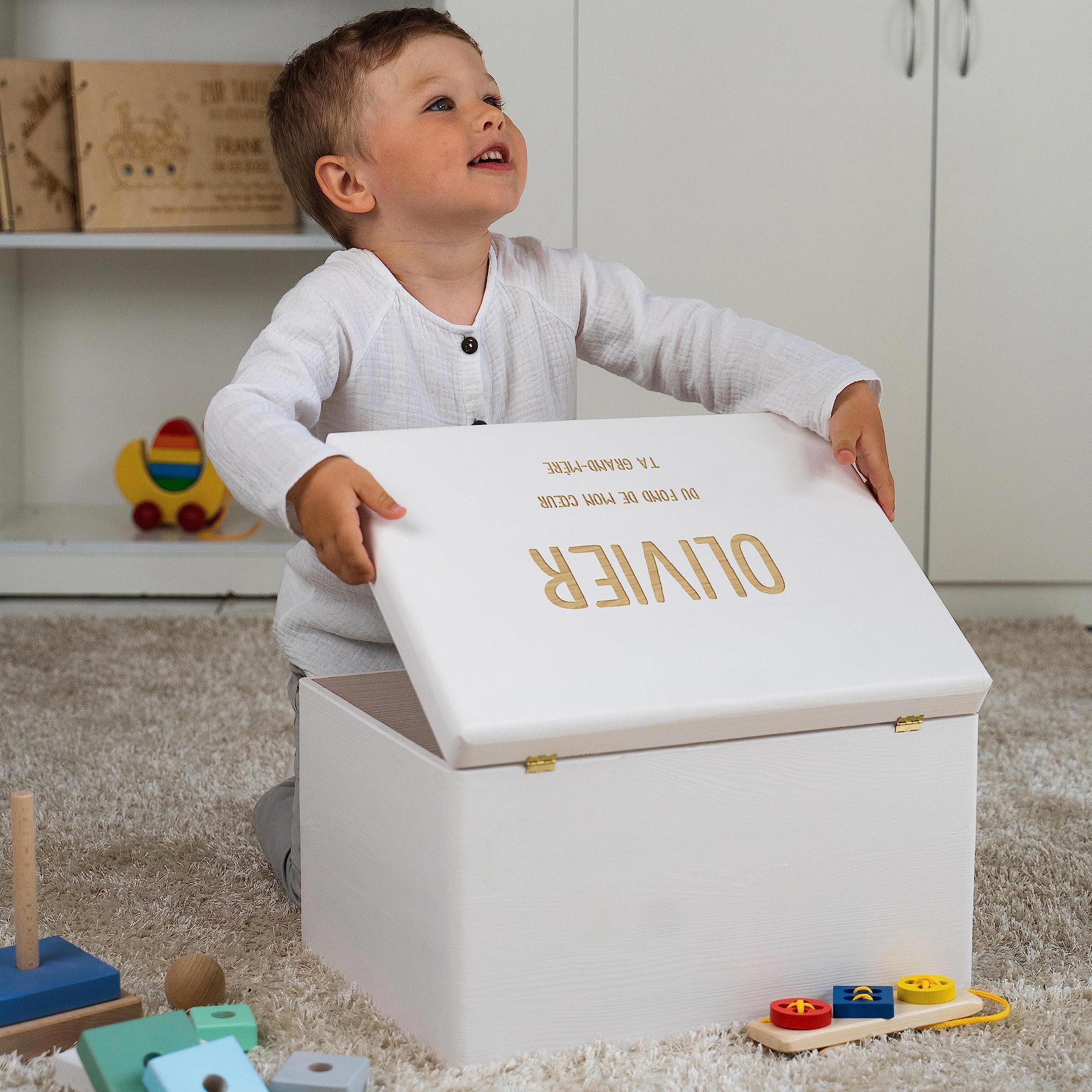 LAUBLUST Boîte à souvenir bébé - Gravure souhaitée - Cadeau naissance personnalisable | Taille XL, env. 40x30x24cm, Blanc - Boîte décorative en bois avec couvercle, FSC®