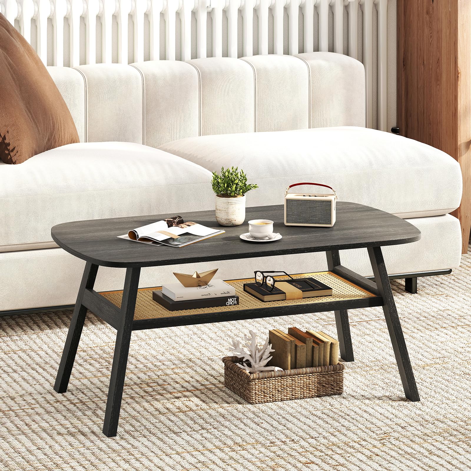 LIFEZEAL Mesa de centro, mesa de salón rectangular de 2 niveles, mesa de sofá, mesa de té con patas de madera, mesa central con bandeja de almacenamiento de ratán para hogar y oficina, estilo rústico