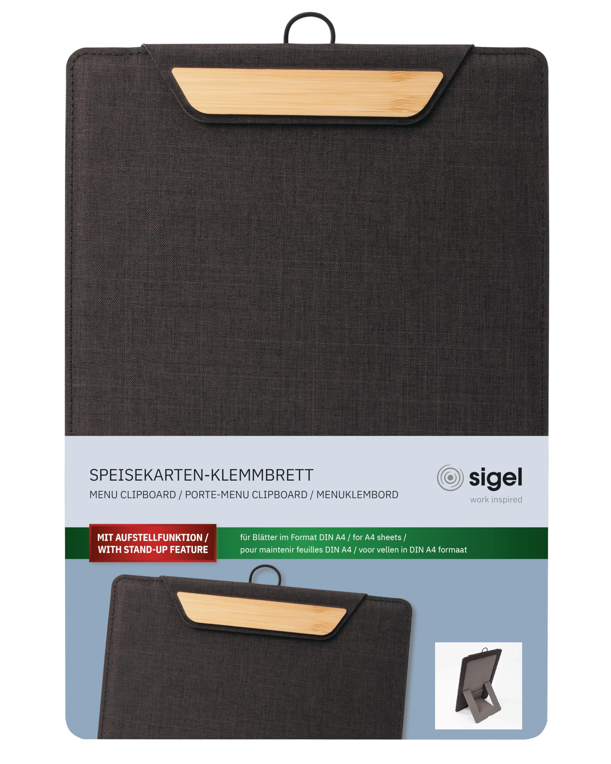 SIGEL KB220/5 Deski zaciskowe DIN A4 ciemnoszare/beżowe, 5 sztuk, z funkcją podstawki, stabilna, stylowa tablica z klipsem o szlachetnej strukturze lnu, wytrzymałe i łatwe do czyszczenia, do menu