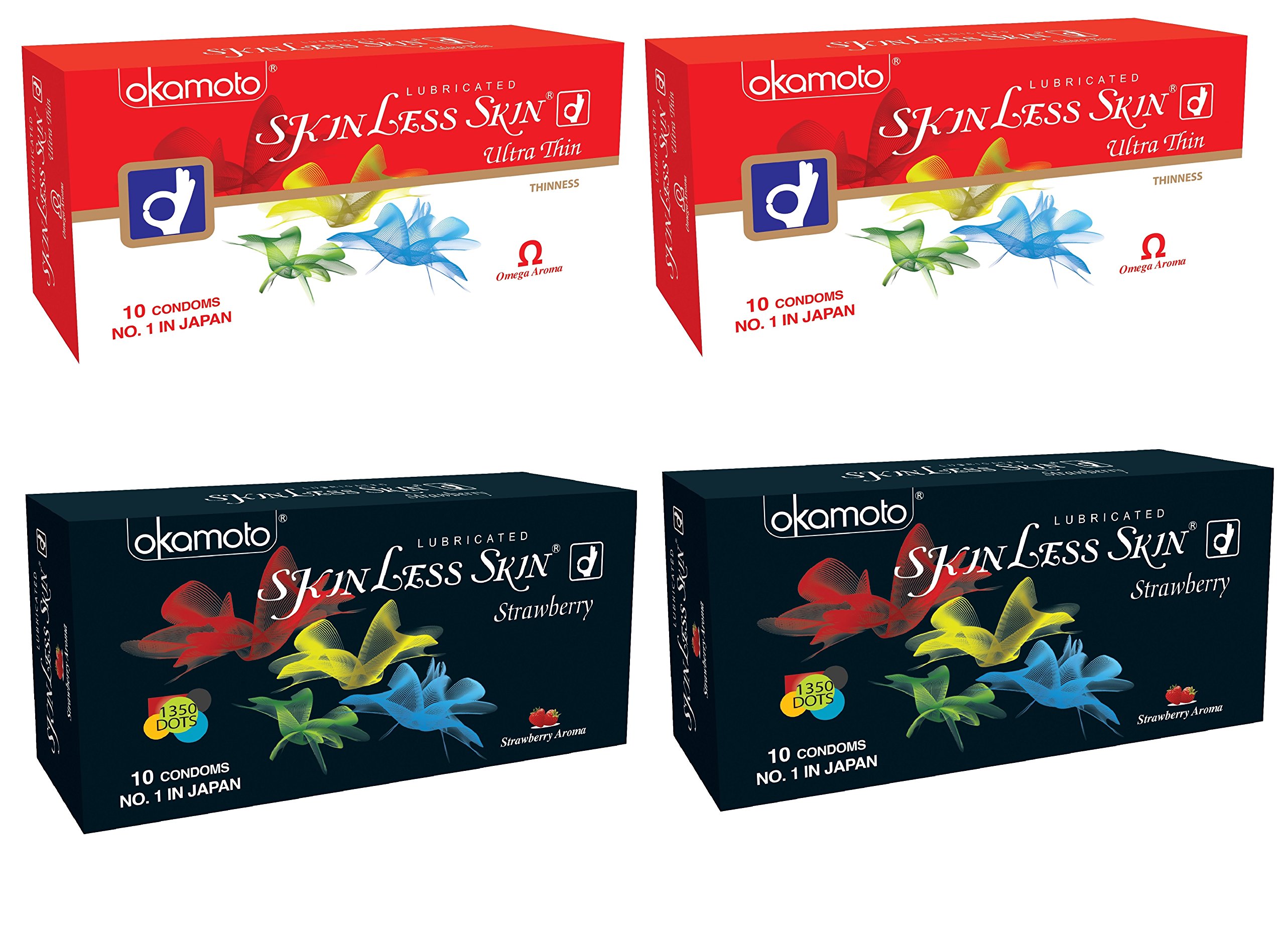 Skinless Skin Condoms - Ultra Thin & Strawberry 1350 Dots (Okamoto, Japan) 4 x 10s (No.1 in Japan)