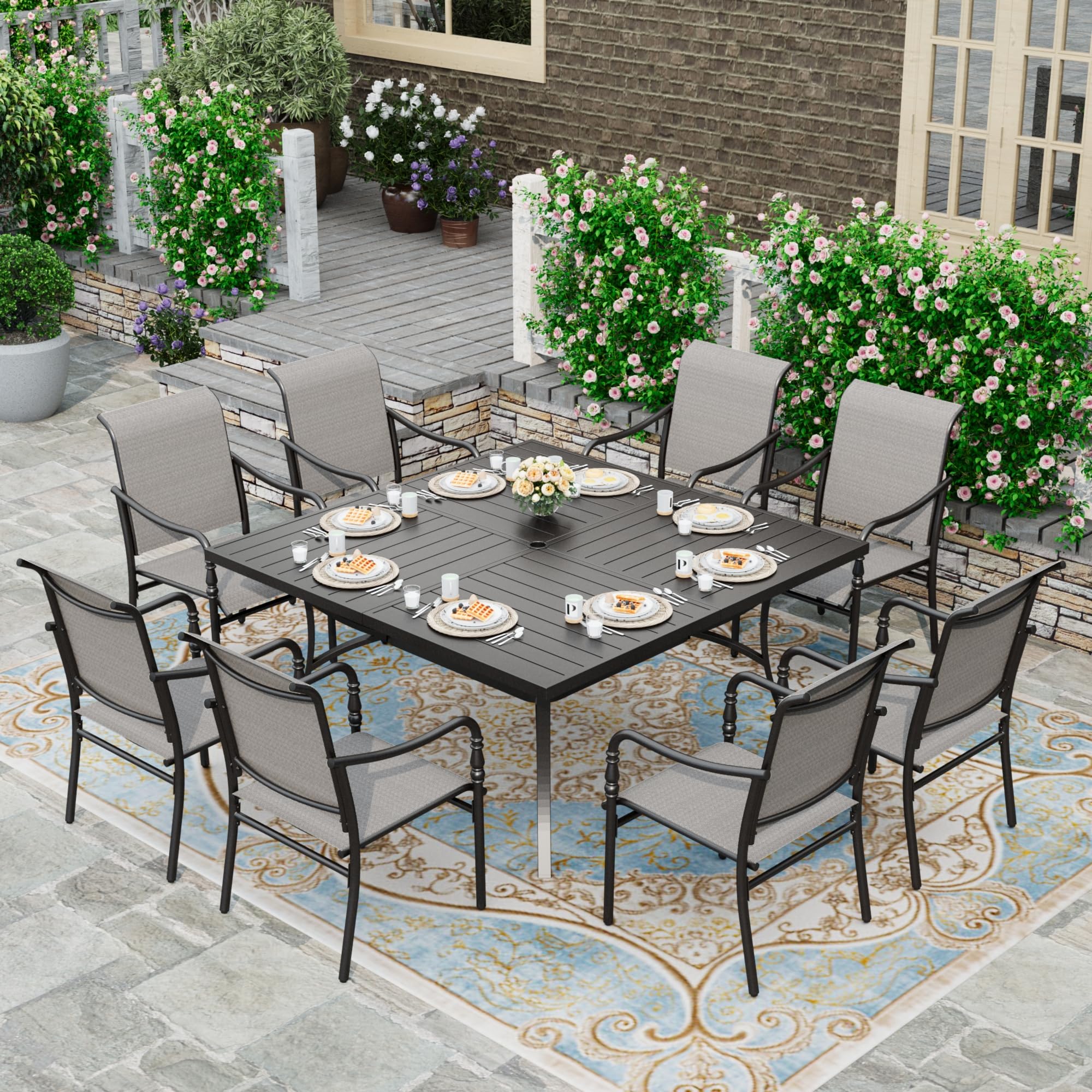 HERA'S HOUSE Square Outdoor Dining Set for 8, 9 Pieces Patio Table and Chairs Set, All Weather Black Metal Table with 8 Dining Chairs for Backyard