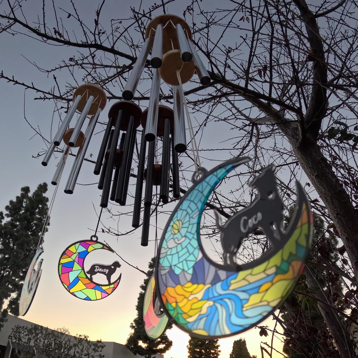 Personalized Dog Memorial Wind Chime with Suncatcher Pendant, 26" Chime with 3.75in Stained Glass Look Acrylic Suncatcher, Customize with Name and Dog Breeds,Loss of Pet Sympathy Gift - Black