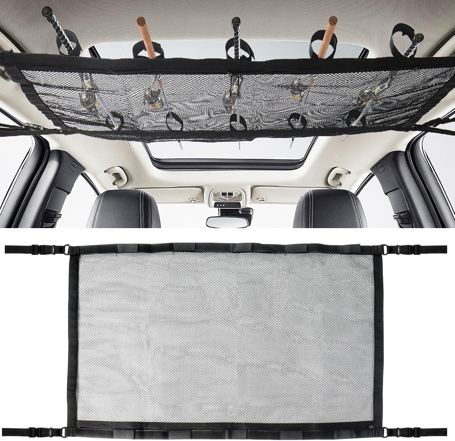 Klmnop Car Fishing Rod Holder, Double Layers Ceiling Fishing Rod Storage Net with 5 Rod Capacity and Zipper, Foldable Mesh Fishing Rod Storage for Car Inside(Black)