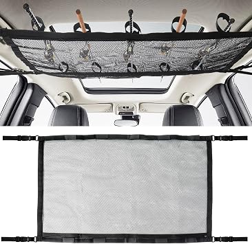Klmnop Car Fishing Rod Holder, Double Layers Ceiling Fishing Rod Storage Net with 5 Rod Capacity and Zipper, Foldable Mesh Fishing Rod Storage for Car InsideBlack