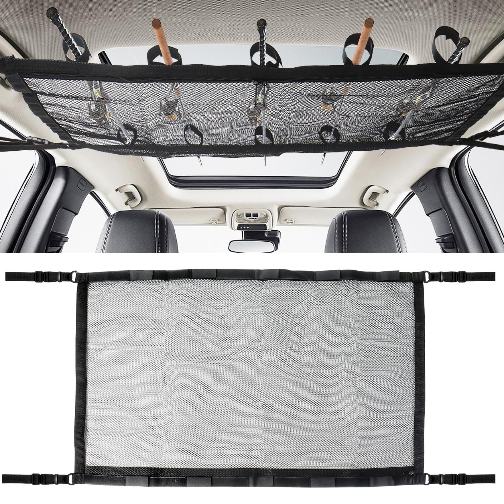 Klmnop Car Fishing Rod Holder, Double Layers Ceiling Fishing Rod Storage Net with 5 Rod Capacity and Zipper, Foldable Mesh Fishing Rod Storage for Car Inside(Black)