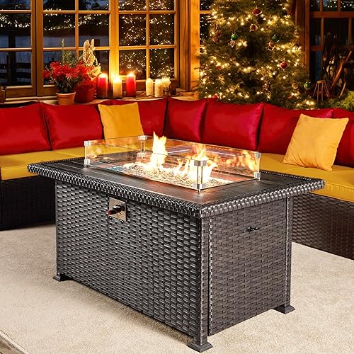 Miniatura 9 de HOMREST Mesa de fuego de gas propano para exteriores de 44 pulgadas, fogata de gas de encendido automático de 50,000 BTU con protector de viento de