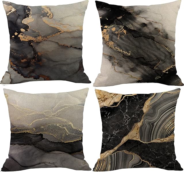 JiangLANY Marble Texture Full Print Cushion Covers Golden Gray Black Modern Pattern Linen Decorative Square Throw Pillow Case Cover for Living Room Bedroom Garden Sofa Chair,18x18 inch,4 Pieces