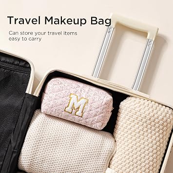 HBselect Personalized Makeup Bag for Women Initial Quilted Toiletry Bag